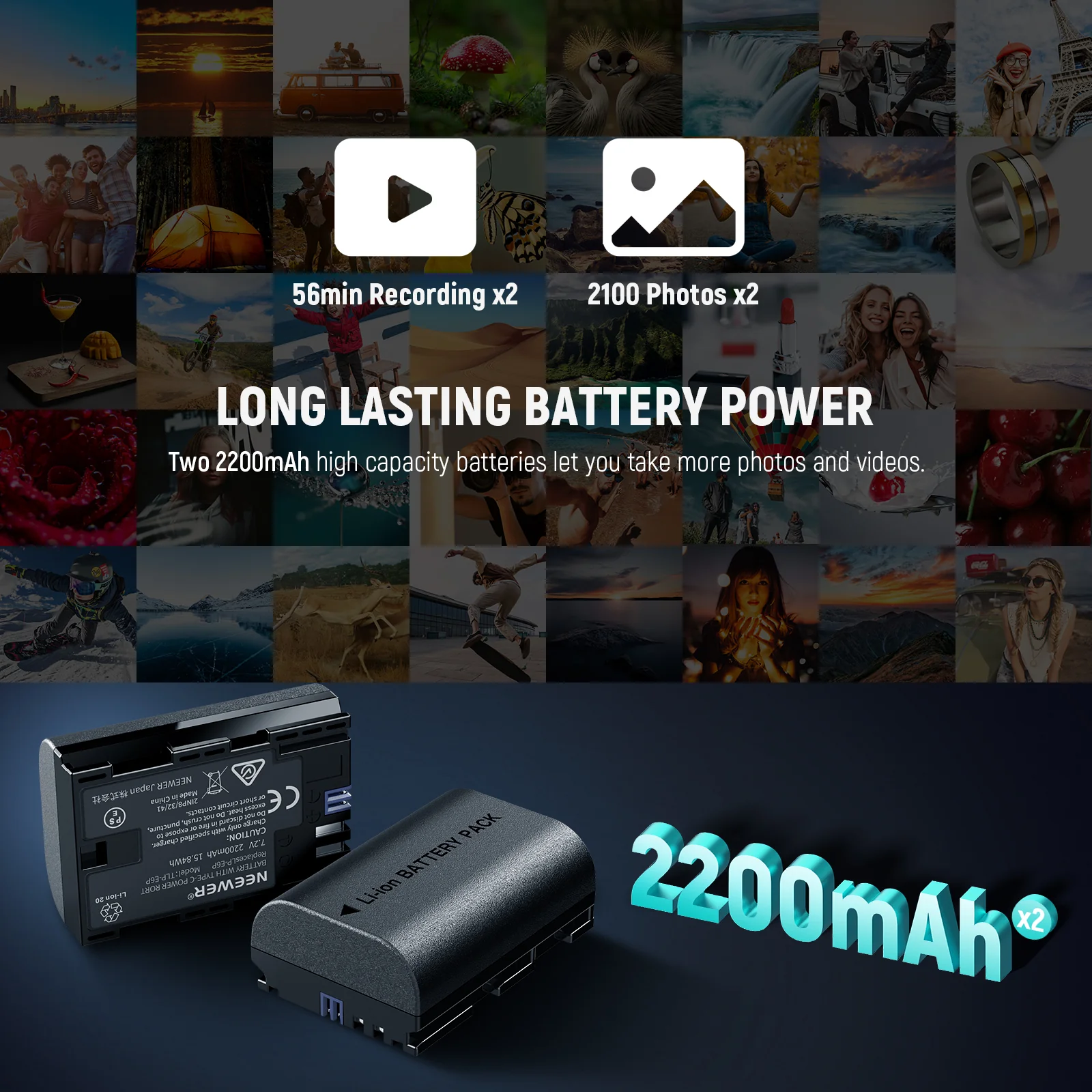 NEEWER 2 Pack 2200mAh LP-E6P/LP-E6NH Replacement Batteries & USB Dual Charger - Image 2