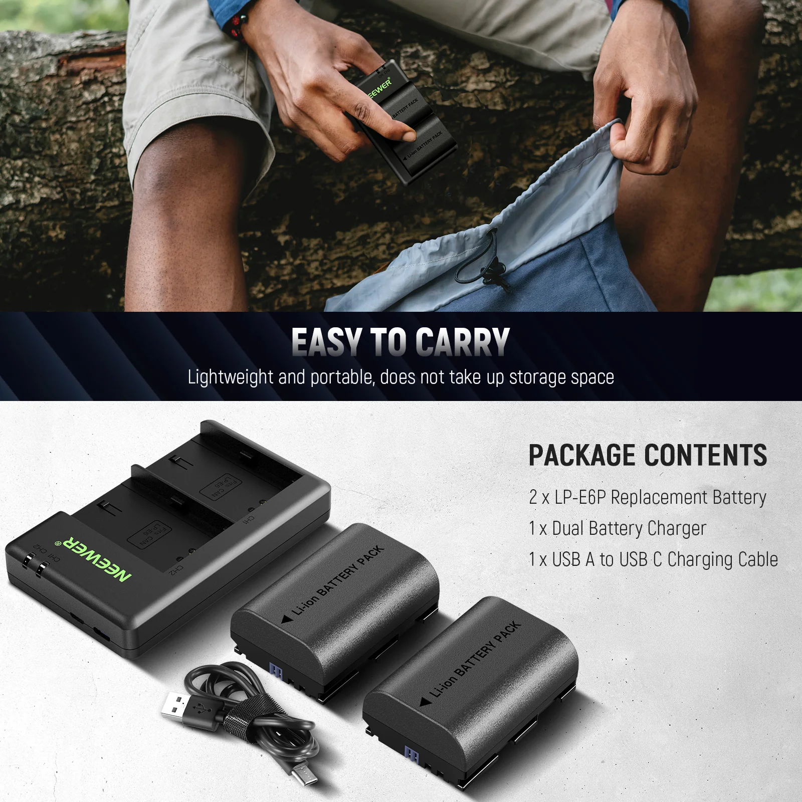 NEEWER 2 Pack 2200mAh LP-E6P/LP-E6NH Replacement Batteries & USB Dual Charger - Image 9