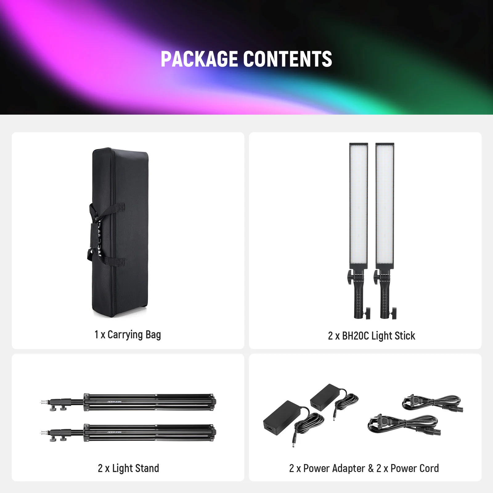 NEEWER 2 Pack BH20C RGB Light Stick Studio Lighting Kit - Image 9