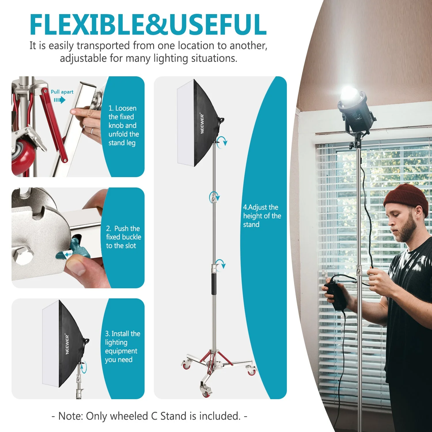 NEEWER SC305W 305cm Heavy Duty Stainless Steel Light Stand with Casters - Image 3