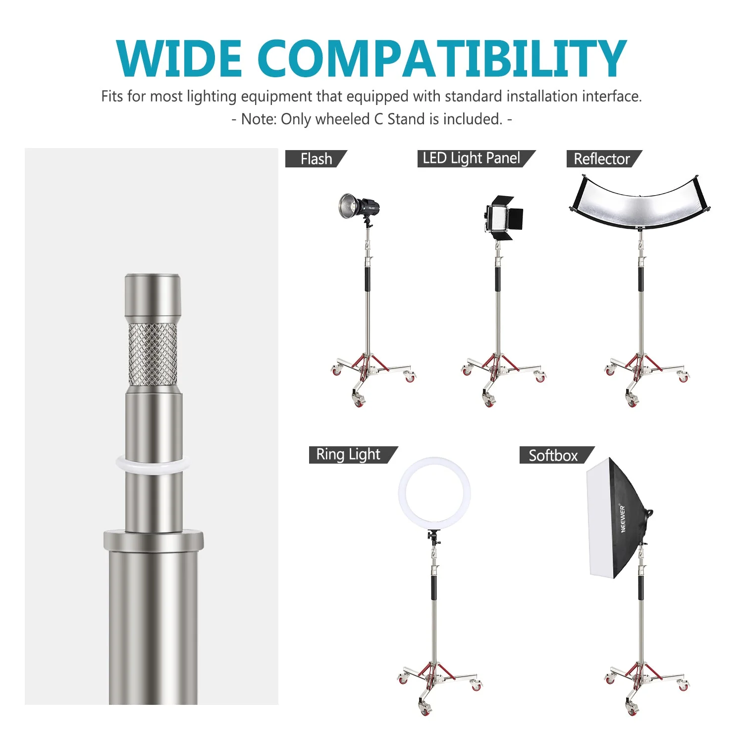 NEEWER SC305W 305cm Heavy Duty Stainless Steel Light Stand with Casters - Image 6