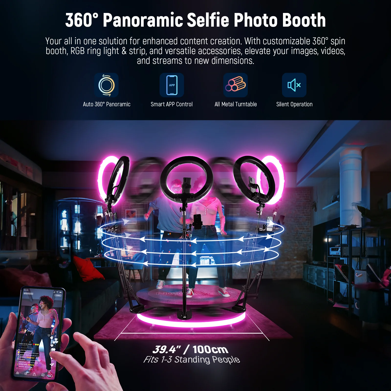 NEEWER 39.4"/100cm 360 Photo Booth with RGB LED Strip & Remote - Image 2