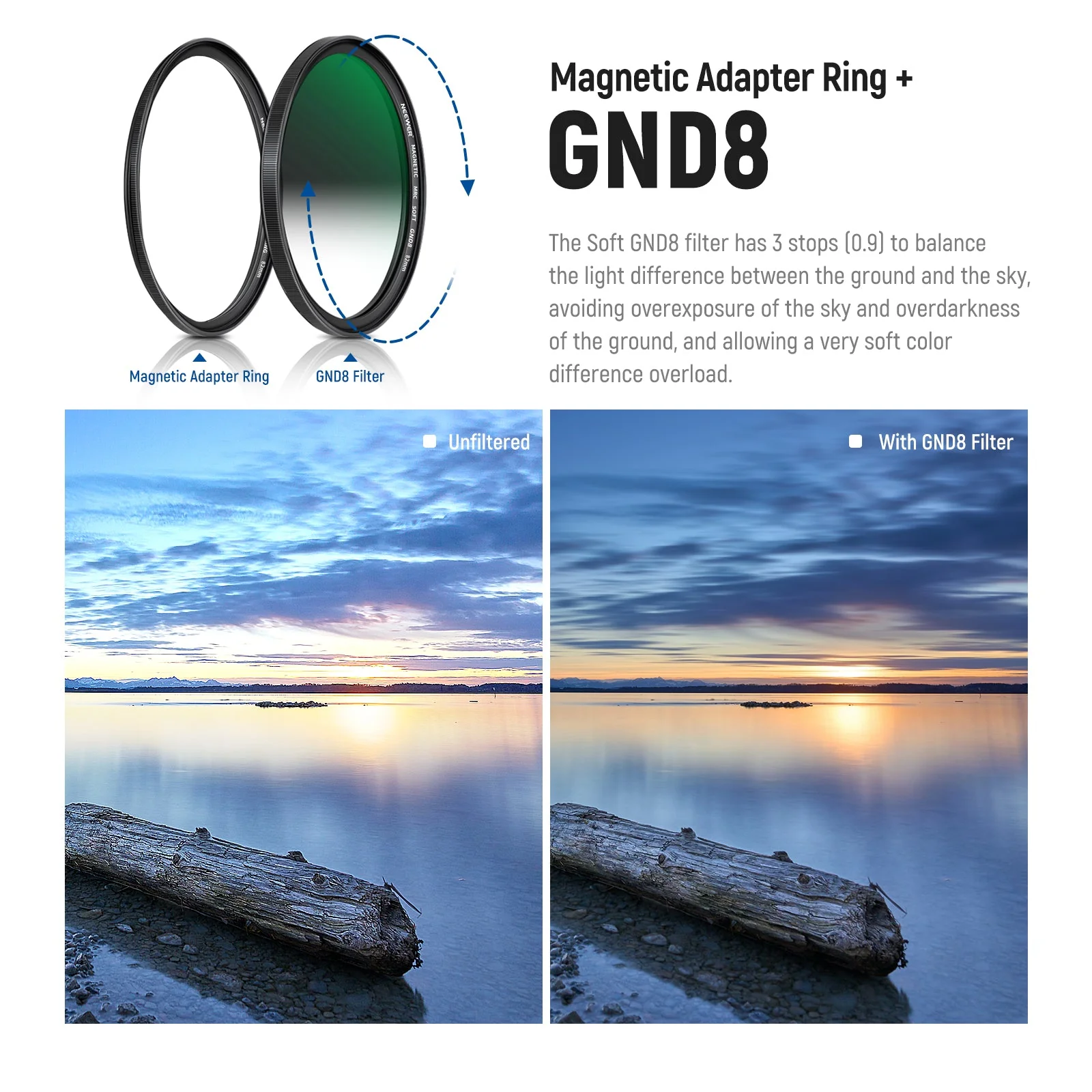 NEEWER 5-in-1 Magnetic Lens Filter Kit (1/4 Black Diffusion+GND8+ND8+ND64+Ring) - Image 5