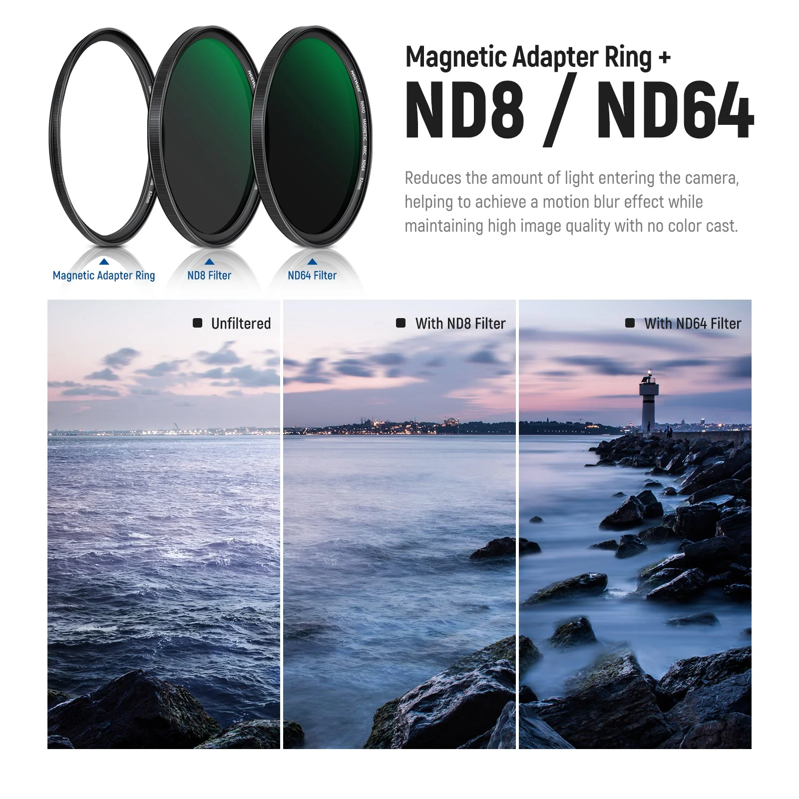 NEEWER 5-in-1 Magnetic Lens Filter Kit (1/4 Black Diffusion+GND8+ND8+ND64+Ring) - Image 7
