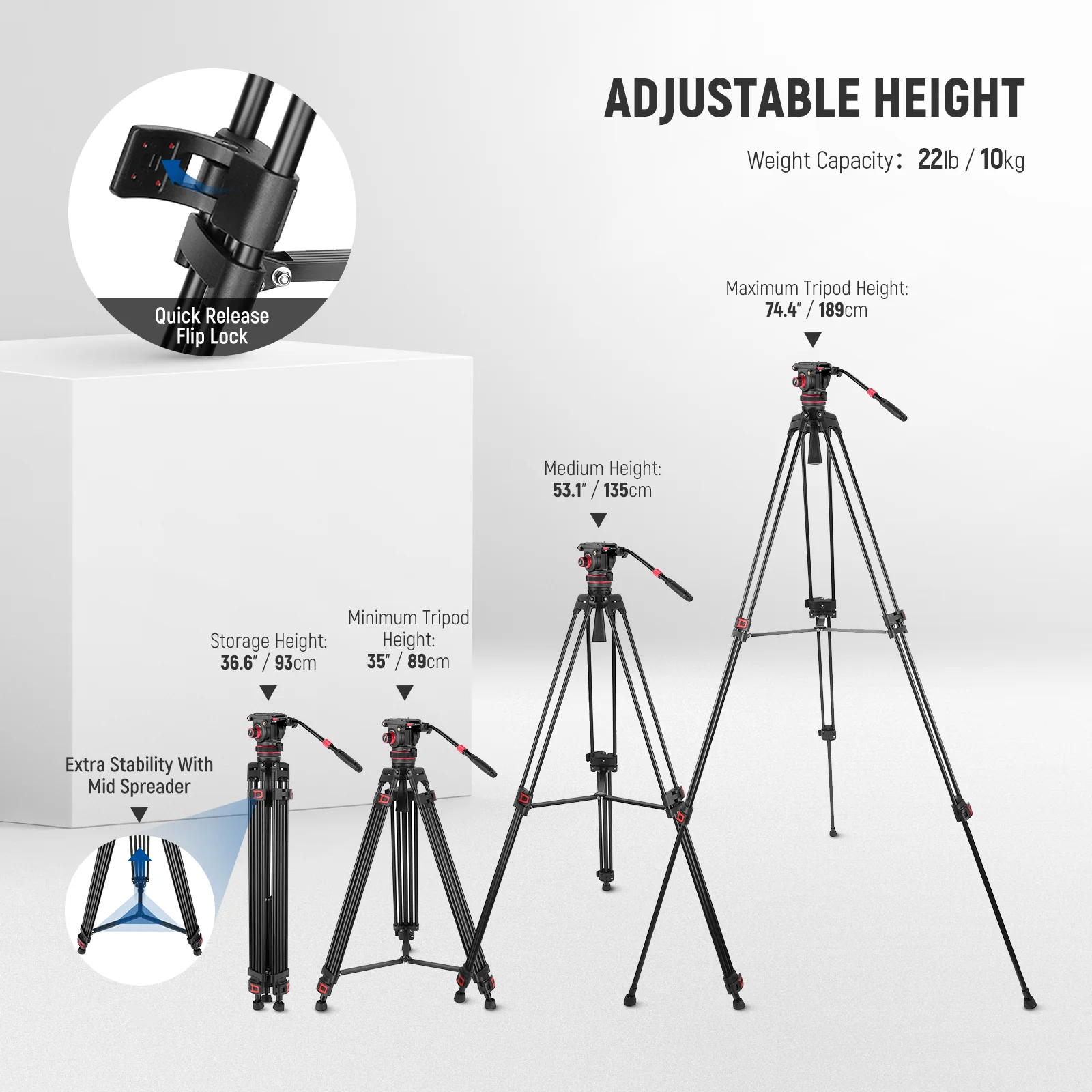 NEEWER TP75 74"/189 cm Pro Video Tripod with Fluid Head - Image 7