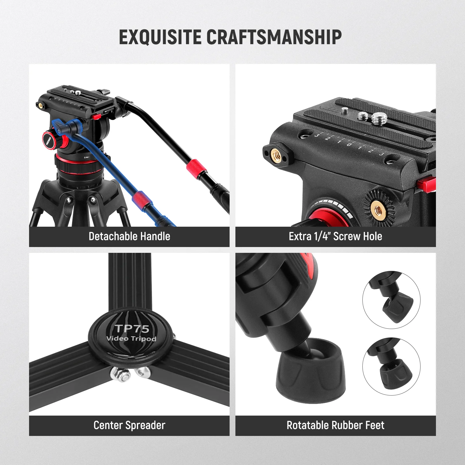 NEEWER TP75 74"/189 cm Pro Video Tripod with Fluid Head - Image 8