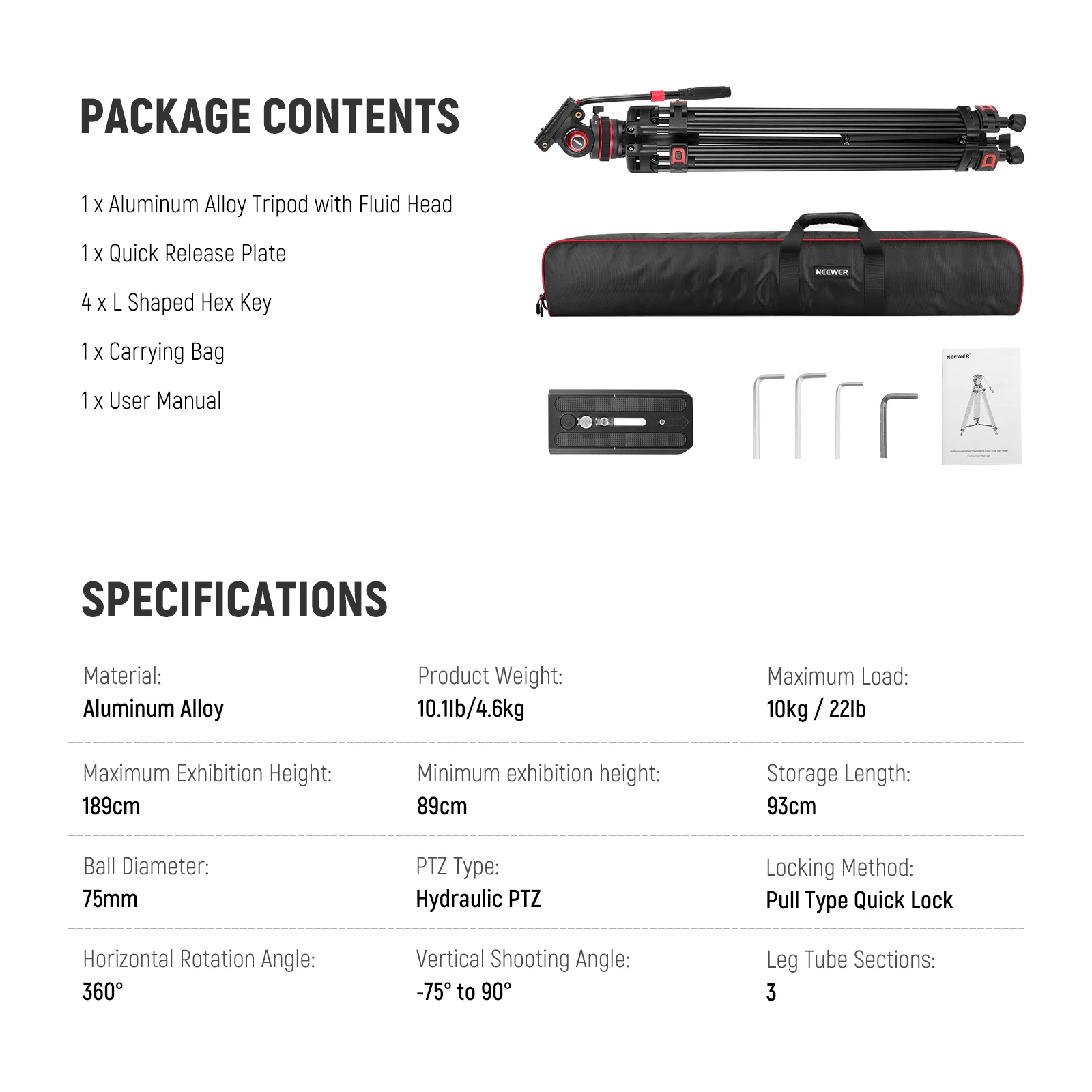 NEEWER TP75 74"/189 cm Pro Video Tripod with Fluid Head - Image 9