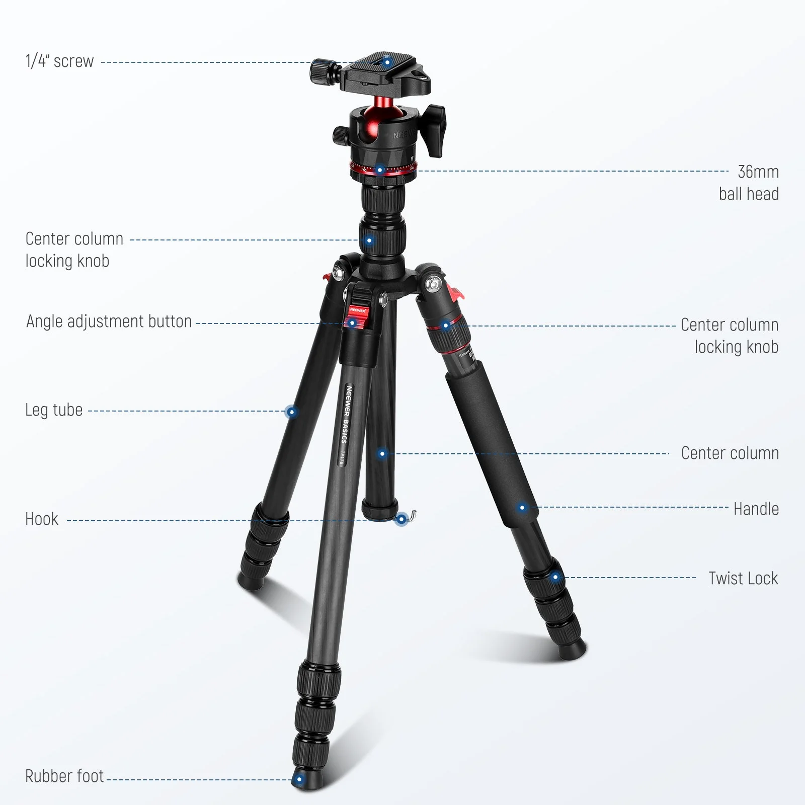 NEEWER BASICS TP17B 64"/162cm Carbon Fiber Travel Tripod Monopod - Image 8