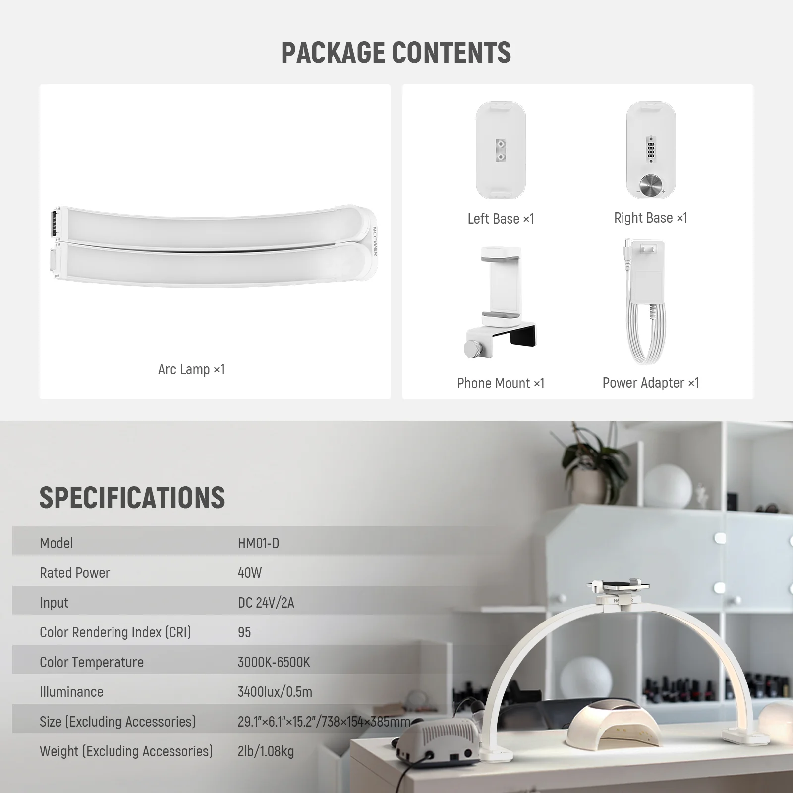 NEEWER BASICS HM01-D 29" 40W Foldable LED Nail Tech Arc Lamp - Image 8