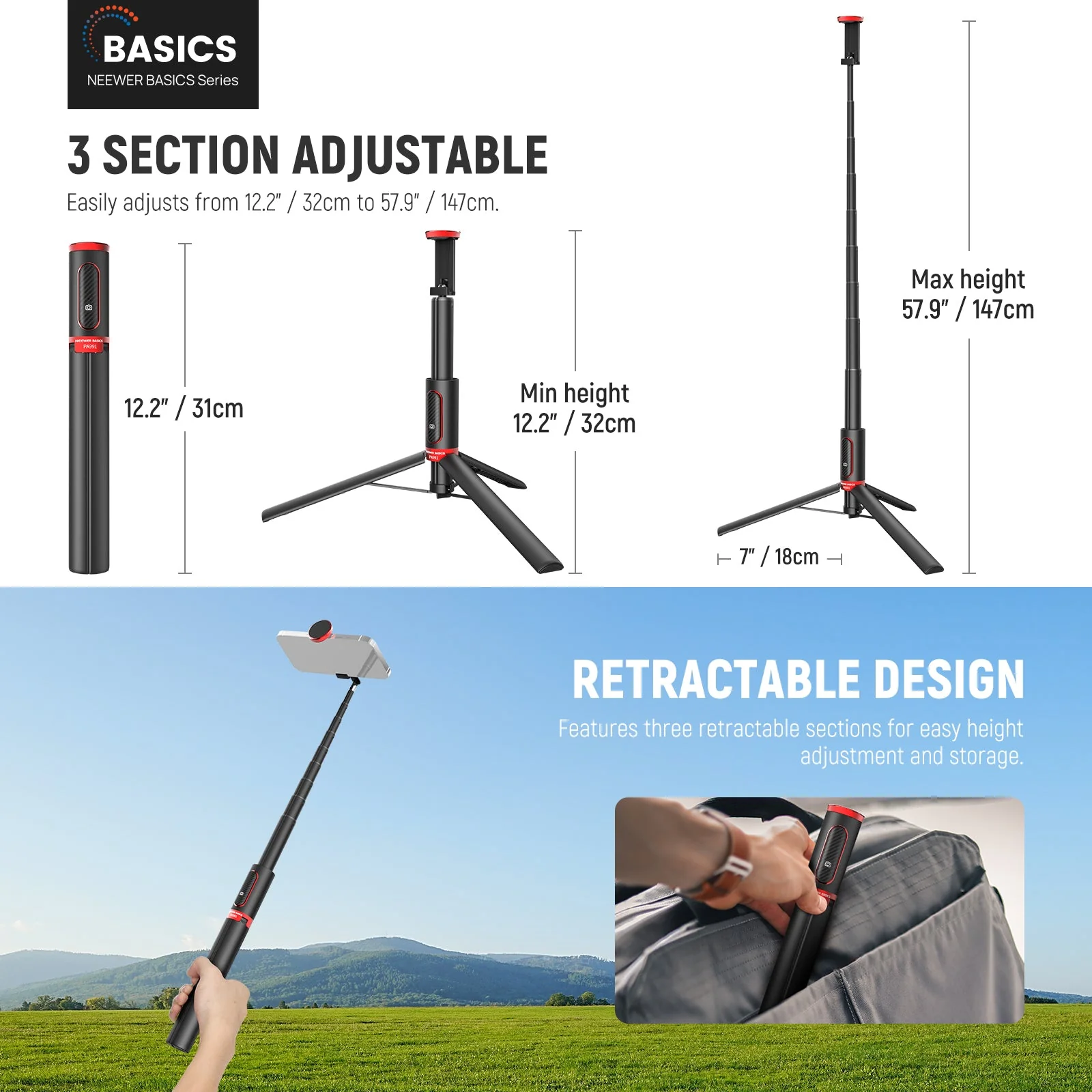 NEEWER BASICS PA991 57.9" Selfie Stick Tripod - Image 3