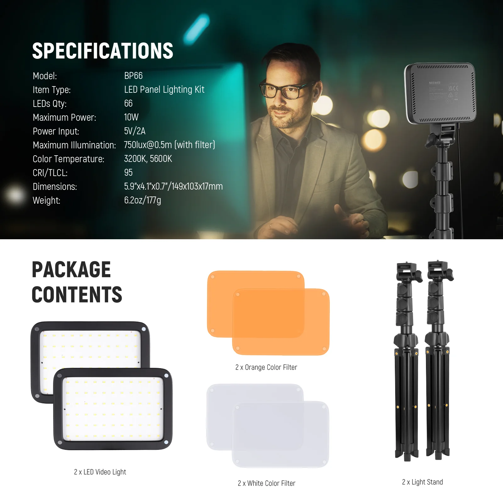 NEEWER BASICS BP66 2 Pack Bi-Color Video Light Panel Lighting Kit - Image 5