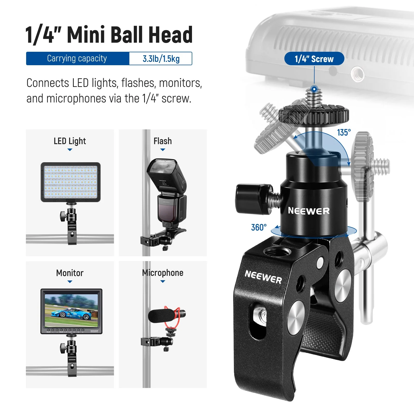 NEEWER ST48 Crab Clamp & Mini Ball Head for Microphone - Image 4