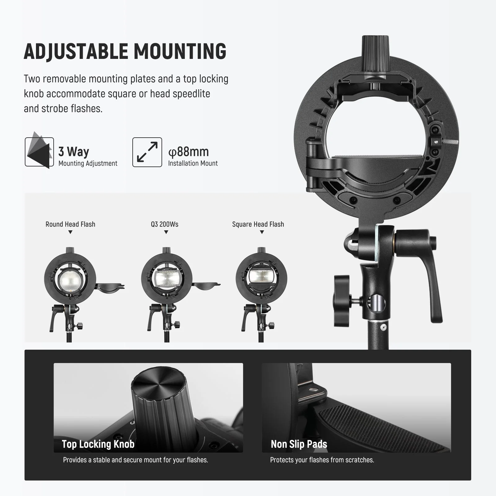 NEEWER CRB1 S Type Bowens Mount Bracket Holder for Round Square Head Flash - Image 3