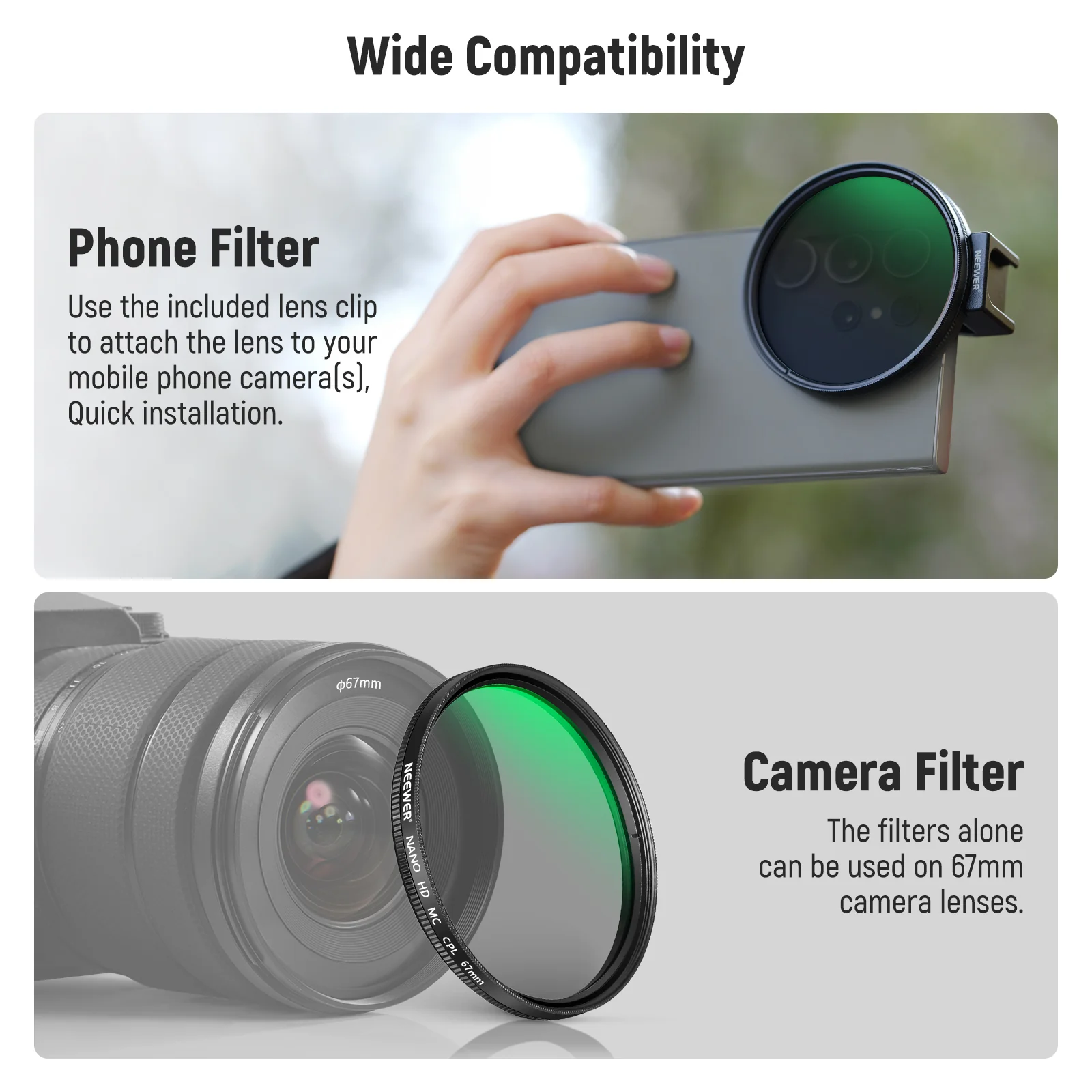 NEEWER FL-41 67mm CPL Filter for Cell Phone Camera Lens - Image 6