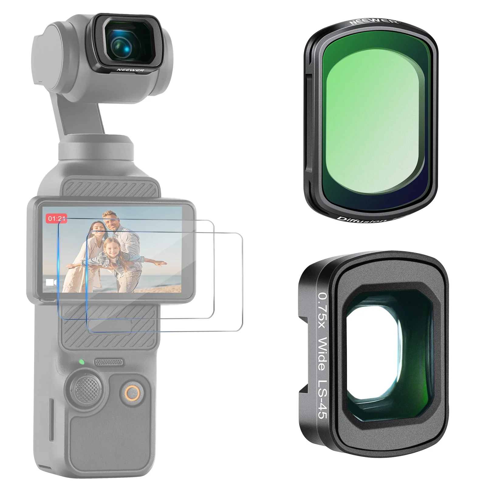 NEEWER FL-B33 Black Diffusion 1/4 Filter&0.75X Wide Angle Lens for DJI Osmo Pocket 3 / Pocket 4/ Xtra Muse