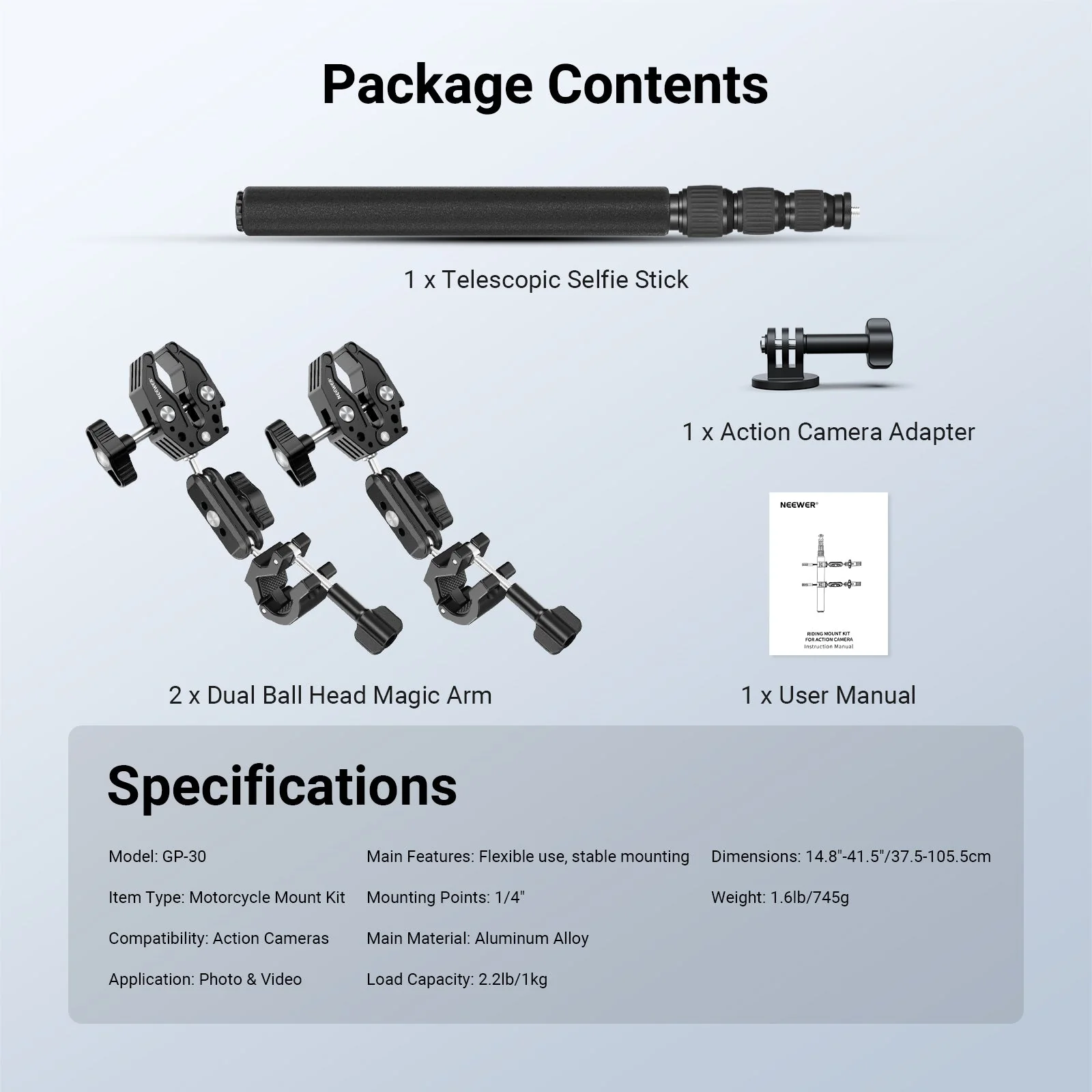 NEEWER GP-30 Motorcycle Mount Accessories Kit For Action Camera - Image 8
