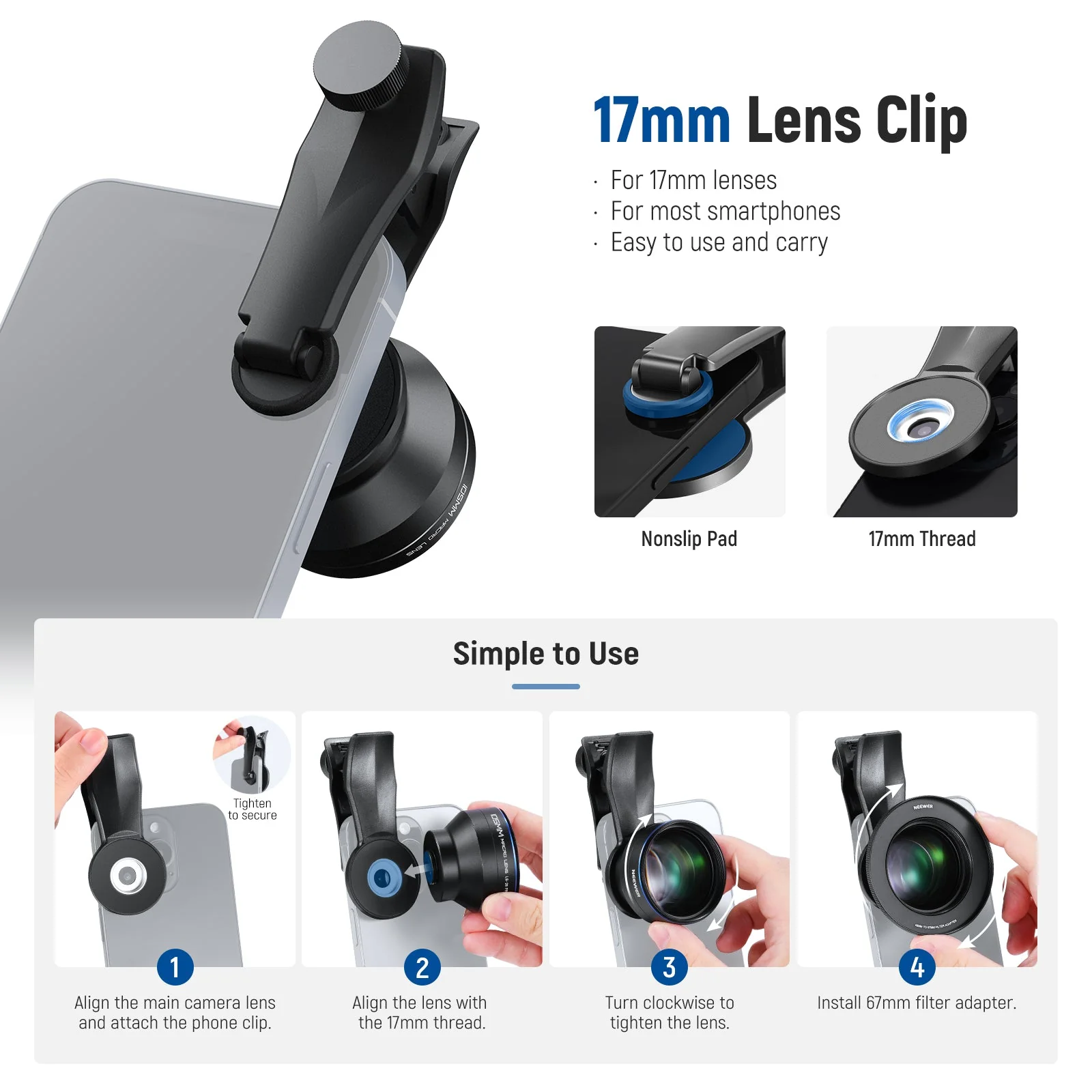 NEEWER LS-26 PRO 105mm Macro Lens with 17mm Phone Clip & 67mm Filter Adapter - Image 8