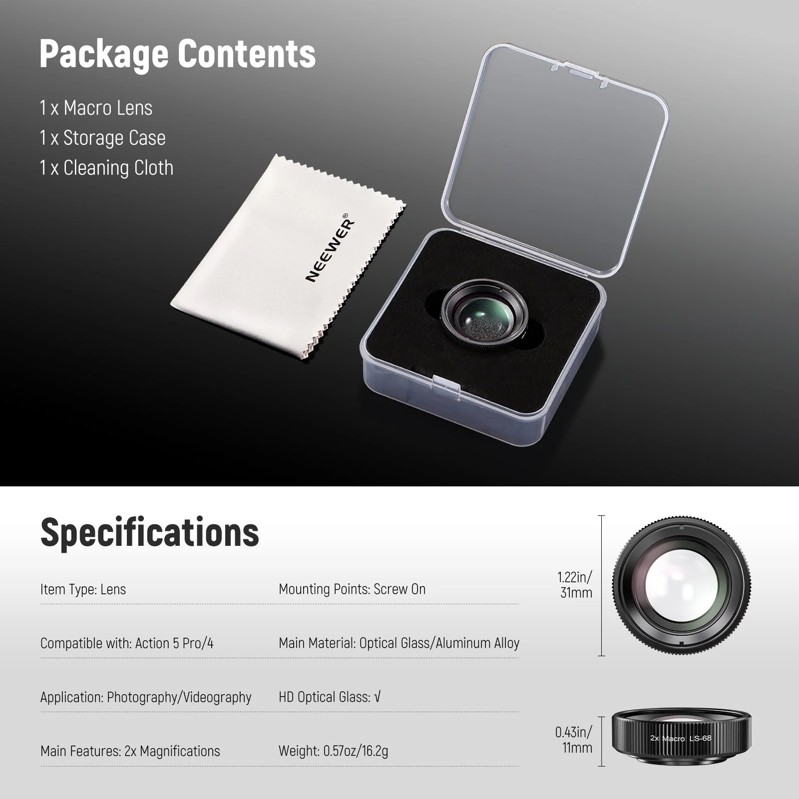 NEEWER LS-68 2X Macro Lens For DJI Osmo Action 5 Pro & Action 4 - Image 8