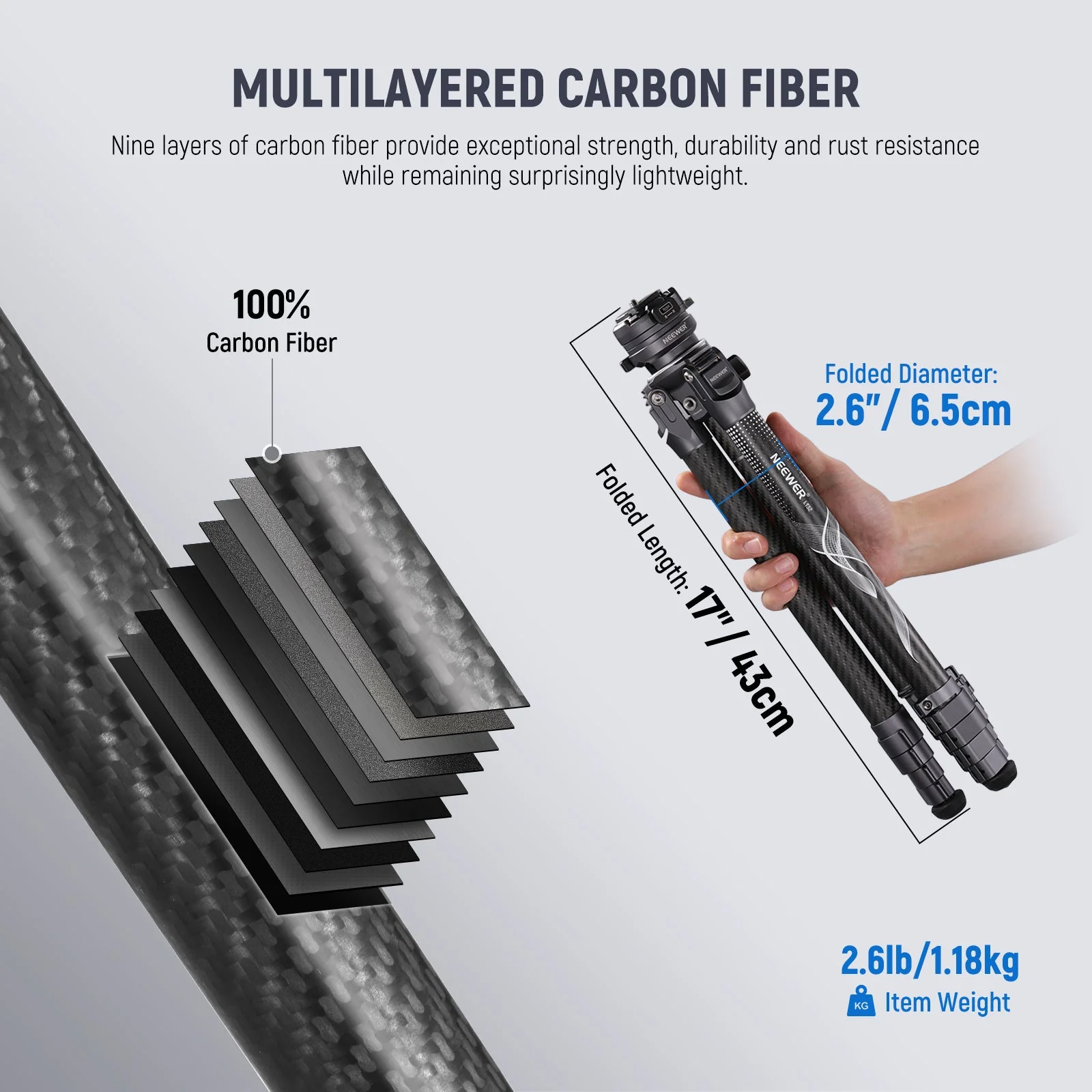 NEEWER LT32 62"/157 cm Carbon Fiber Travel Tripod - Image 4