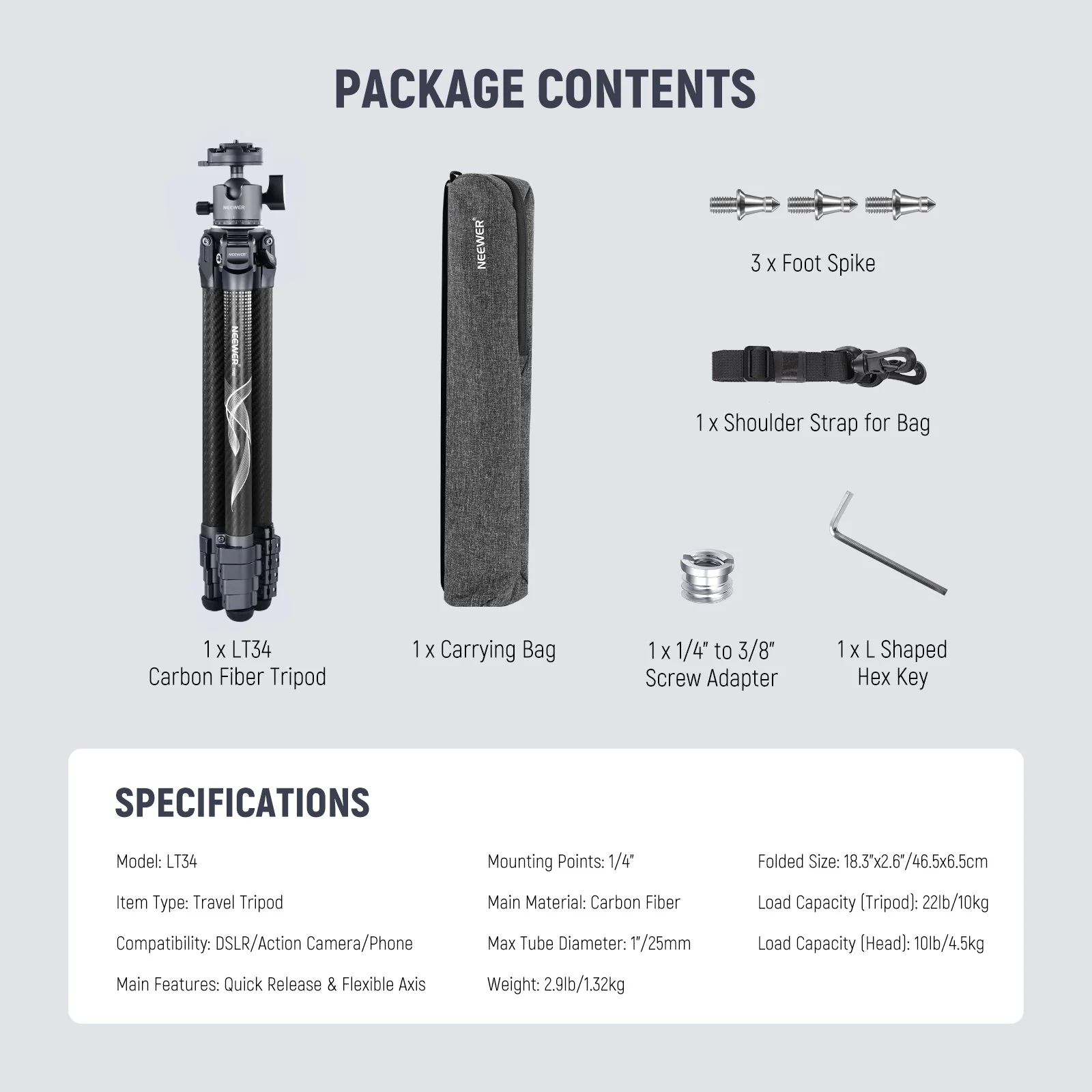 NEEWER LT34 62" Carbon Fiber Travel Tripod - Image 9
