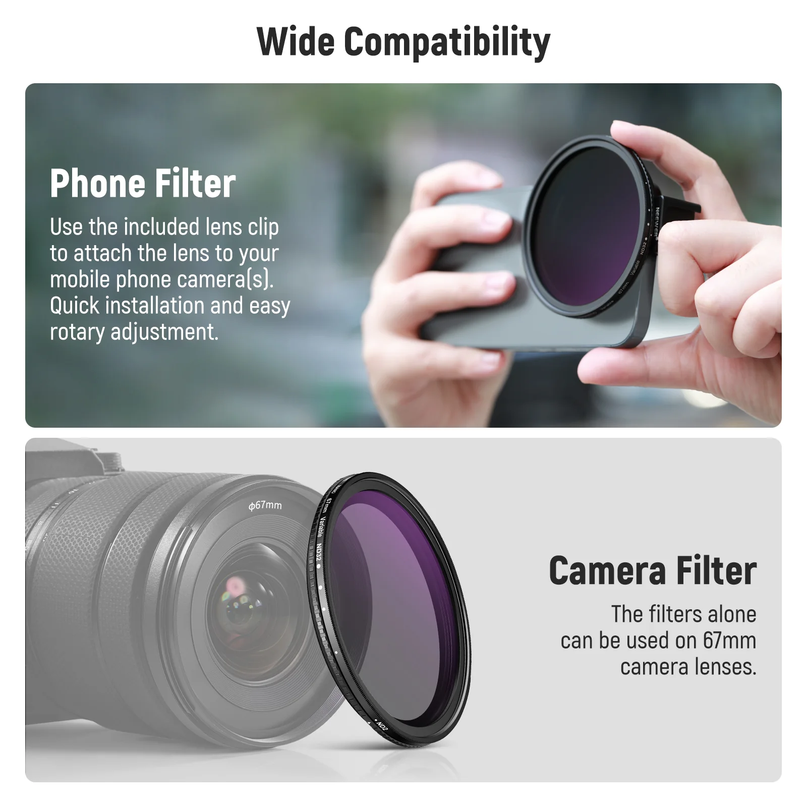 NEEWER Clip On 67mm ND2-ND32 HD Variable Phone Lens Filter Kit - Image 11