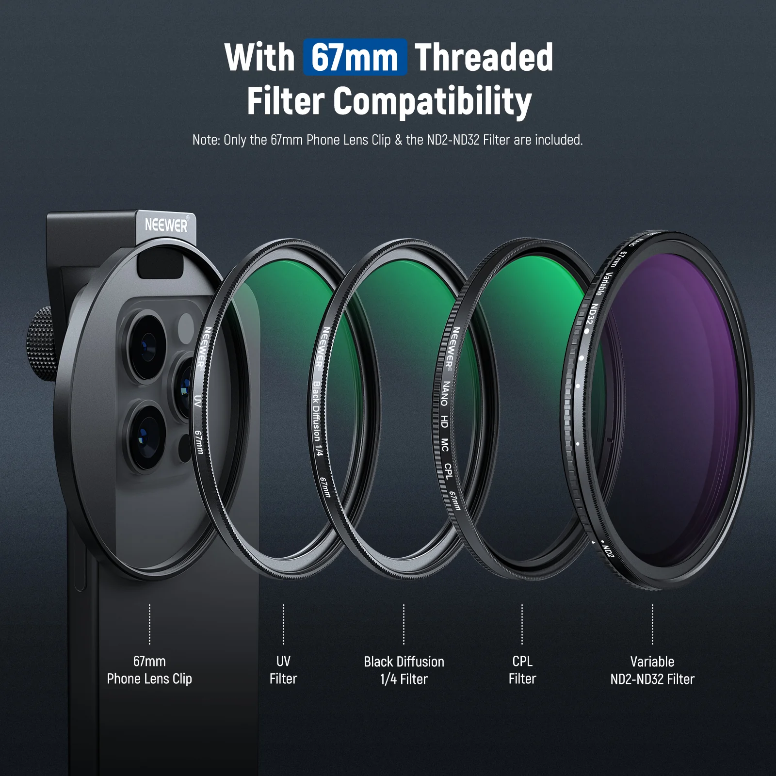 NEEWER Clip On 67mm ND2-ND32 HD Variable Phone Lens Filter Kit - Image 14