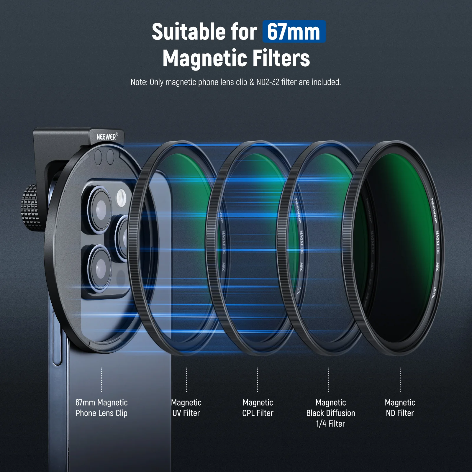 NEEWER Clip On 67mm ND2-ND32 HD Variable Phone Lens Filter Kit - Image 7