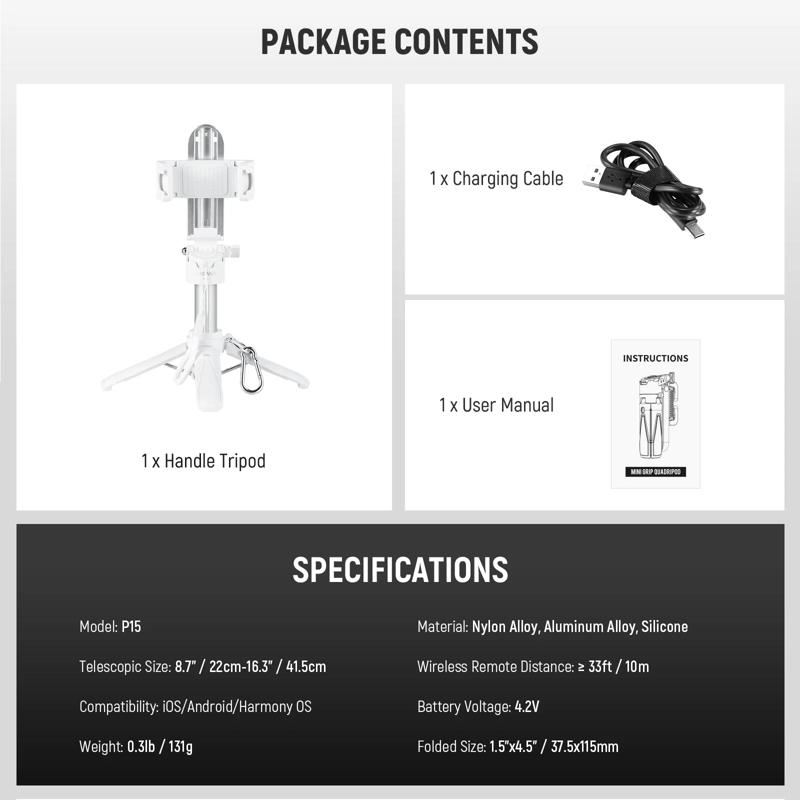NEEWER P15 Foldable Selfie Stick Tripod with Bluetooth Remote Shutter - Image 8