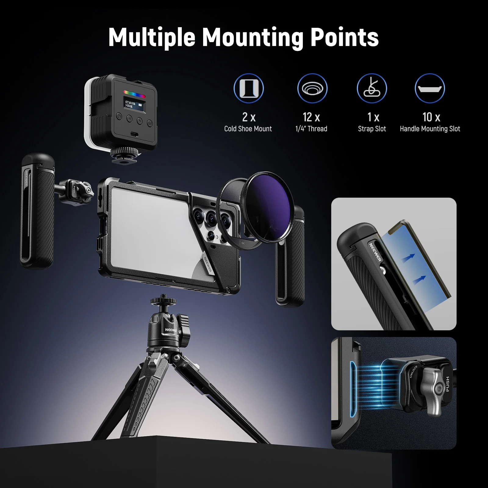 NEEWER PA082 Phone Cage For SAMSUNG S25 Ultra with 67mm Filter/17mm/T Mount Adapters - Image 14