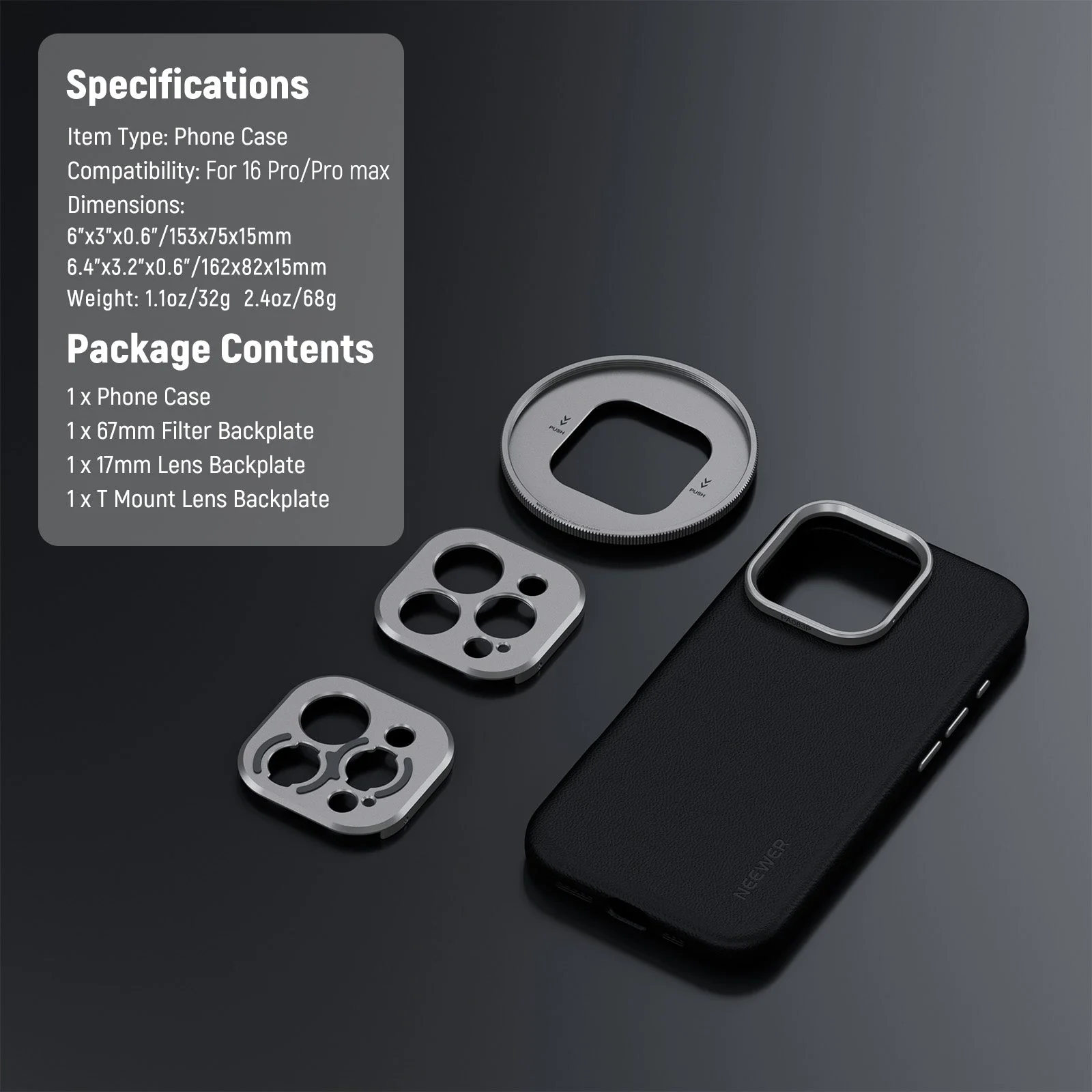 NEEWER PA083P/PA084P Black Case with 3 Backplates for iPhone 16 Pro/Pro Max - Image 7