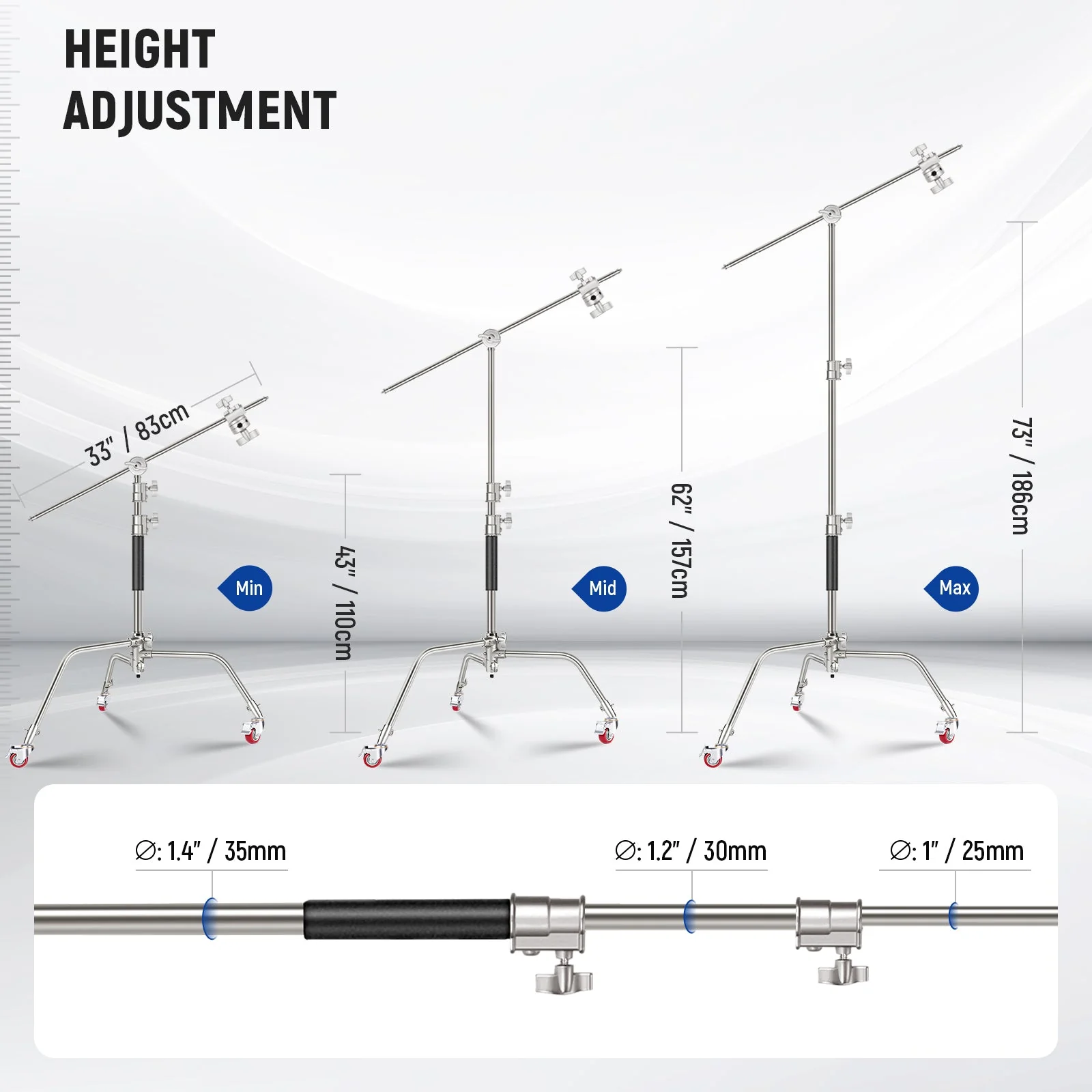 NEEWER SC186W 73"/186cm Stainless Steel Heavy Duty C Stand - Image 2