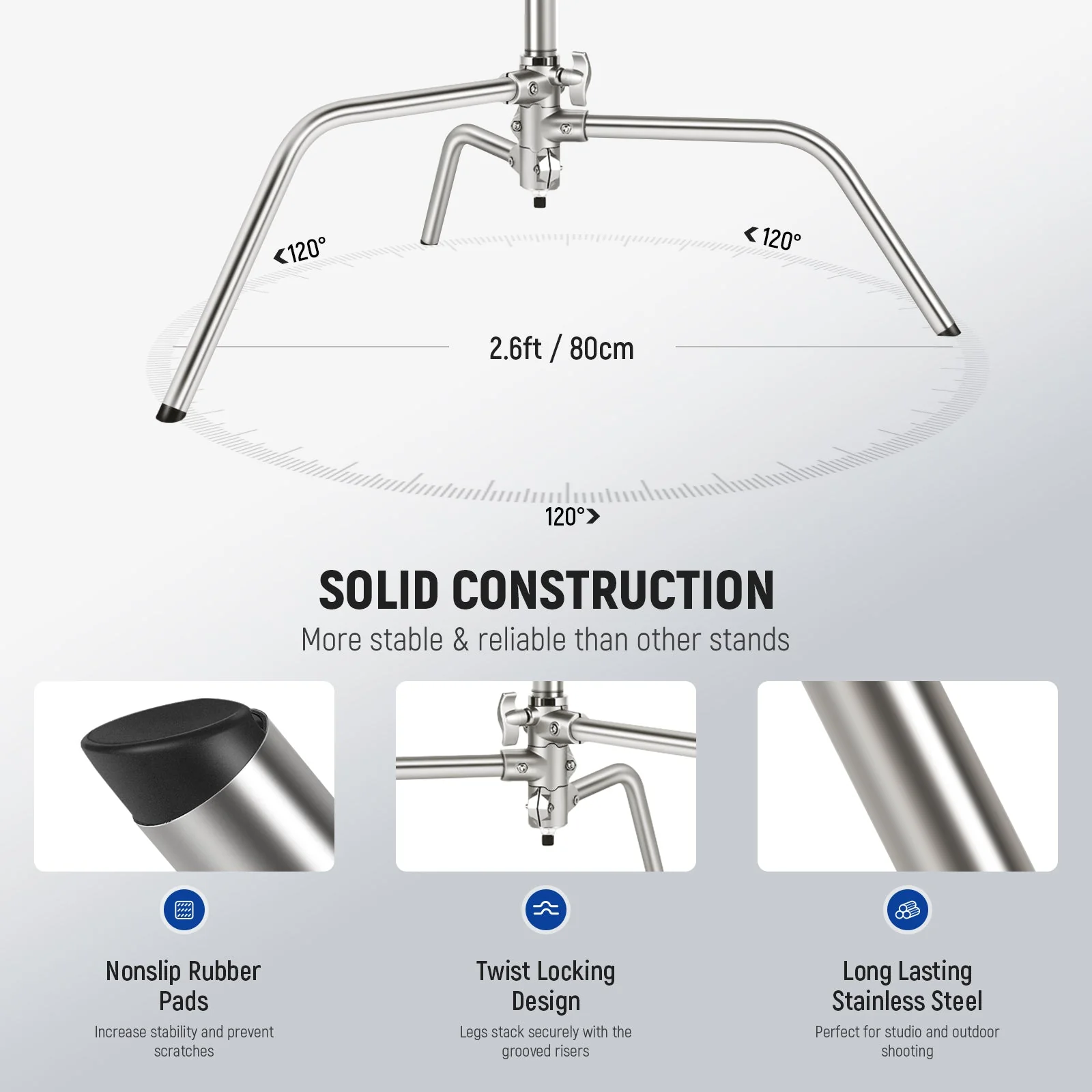NEEWER SC186W 73"/186cm Stainless Steel Heavy Duty C Stand - Image 6