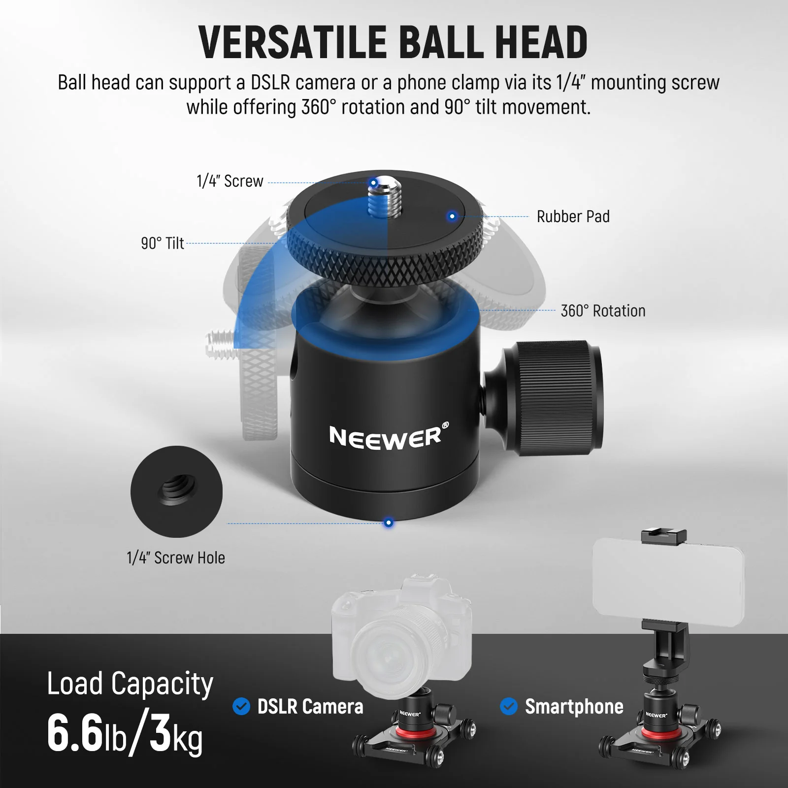 NEEWER SD001 Camera Slider Dolly with Ball Head & Phone Clamp - Image 3