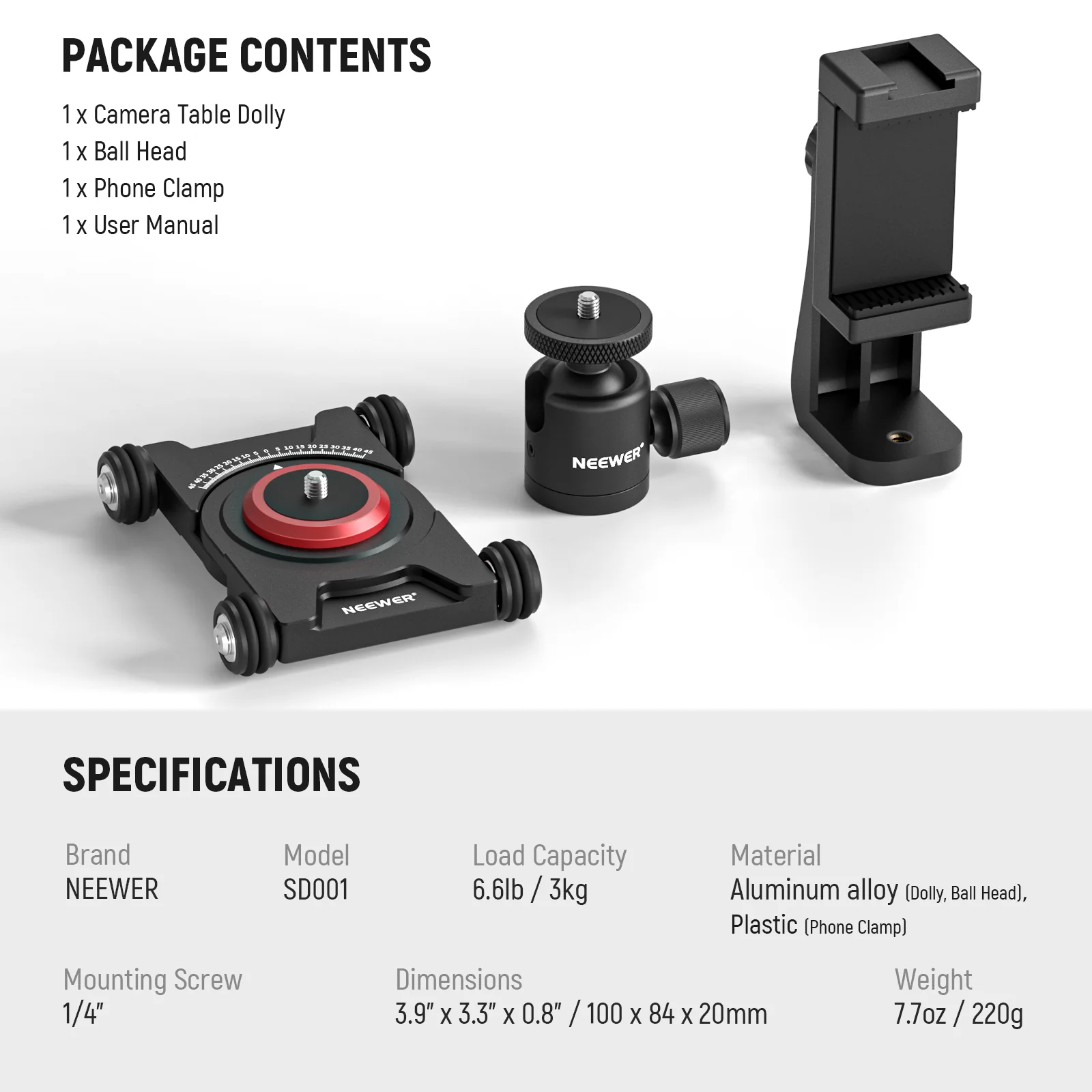 NEEWER SD001 Camera Slider Dolly with Ball Head & Phone Clamp - Image 6
