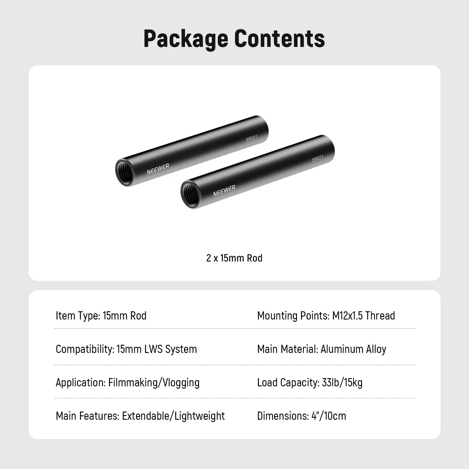 NEEWER 2 Pack Aluminum Alloy Extendable 15mm Rod - Image 7