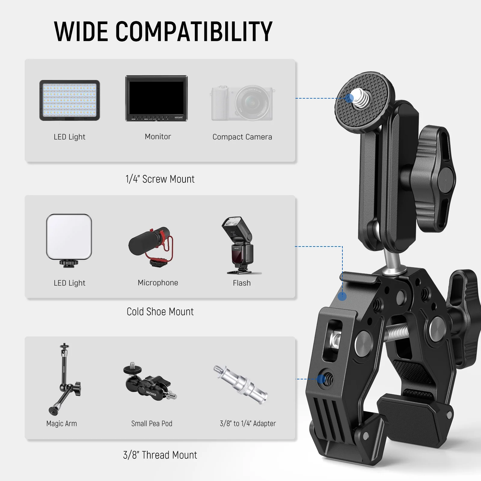NEEWER ST83 Super Clamp with 3" Dual Ballhead Magic Arm - Image 6