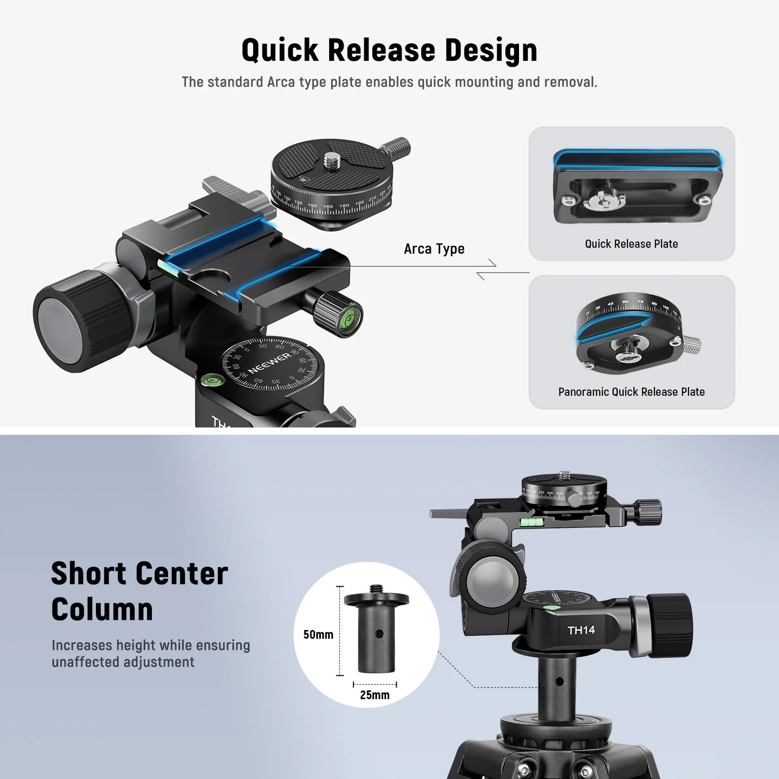 NEEWER TH14 2 Way Geared Tripod Head - Image 4
