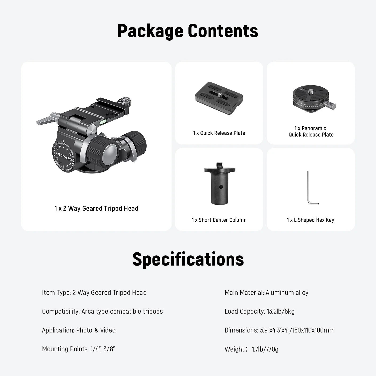 NEEWER TH14 2 Way Geared Tripod Head - Image 7