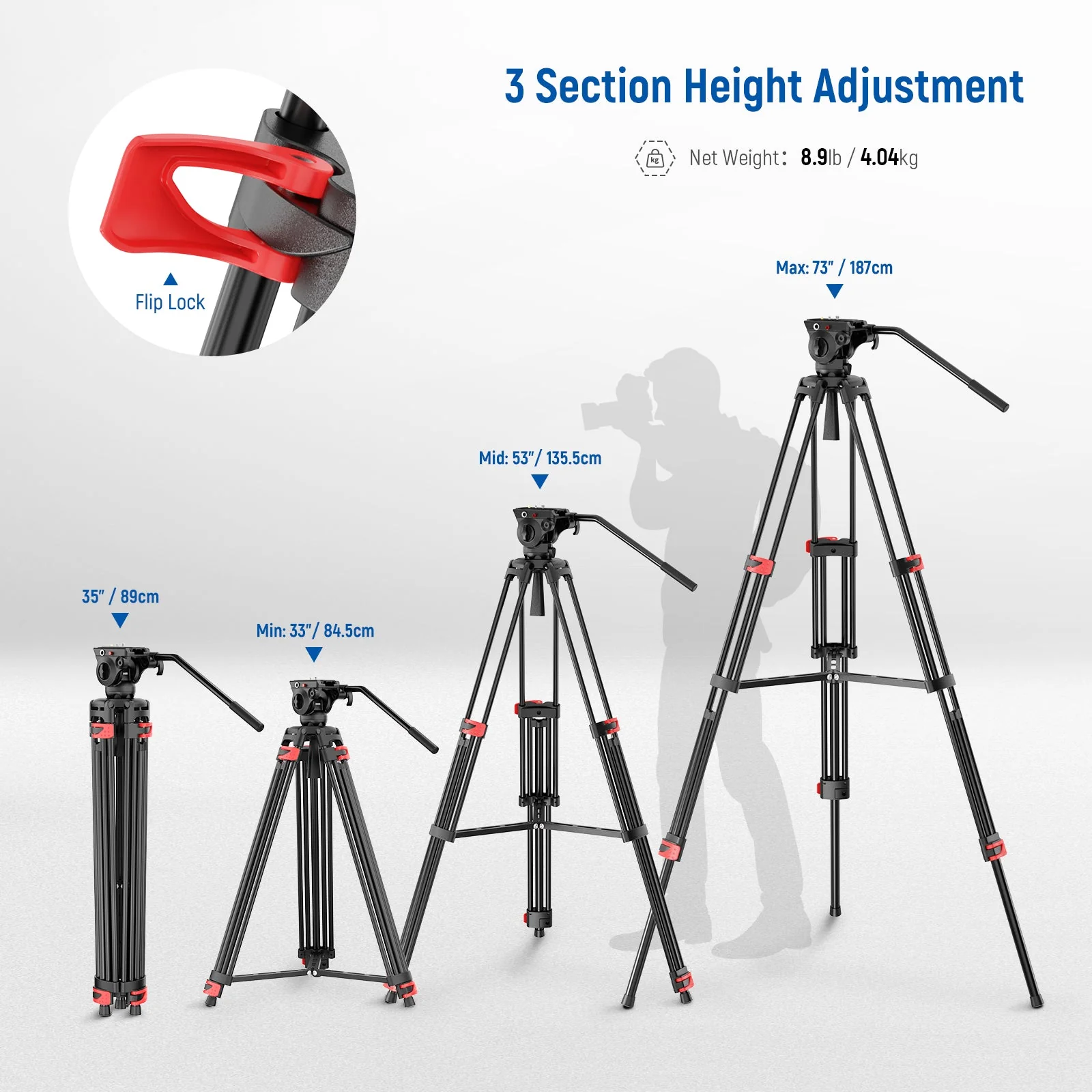 NEEWER BASICS TP37 74" Video Tripod with Fluid Head - Image 2