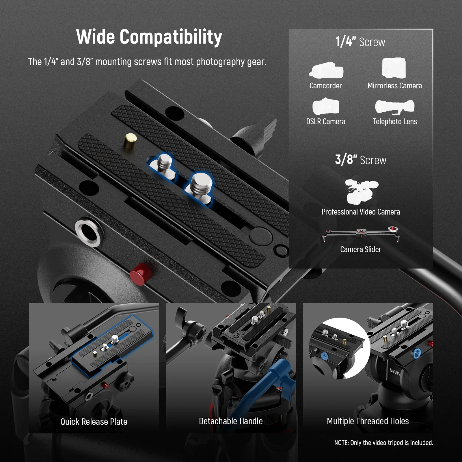 NEEWER BASICS TP37 74" Video Tripod with Fluid Head - Image 4