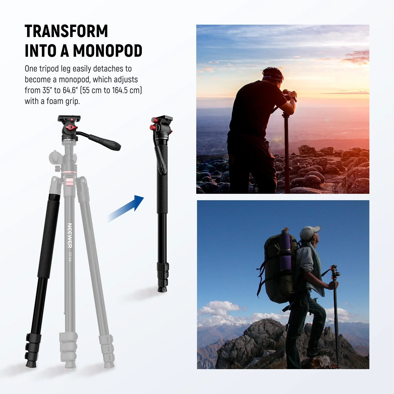 NEEWER TP63/TP64 Overhead Horizontal Camera Tripod Monopod - Image 5