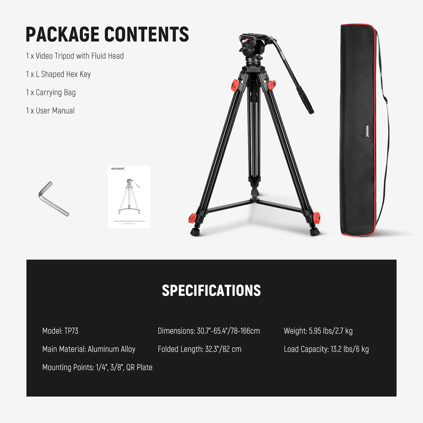 NEEWER TP73 65" Video Tripod with Fluid Head - Image 9